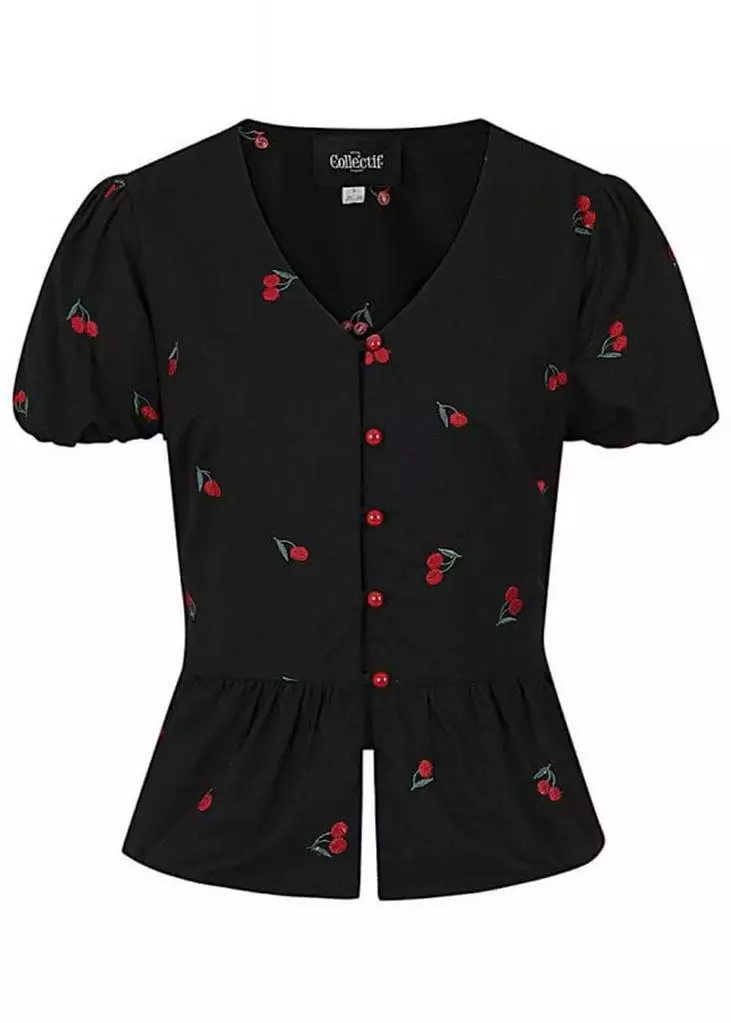 Collectif Mimma Mimi Cherries 40's Blouse Black New In 4 Collectif Mimma Mimi Cherries 40's Blouse Black New In
