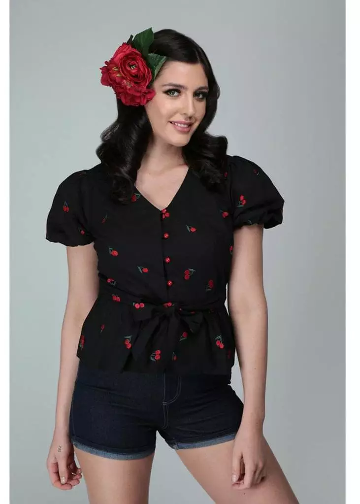 Collectif Mimma Mimi Cherries 40's Blouse Black New In 5 Collectif Mimma Mimi Cherries 40's Blouse Black New In