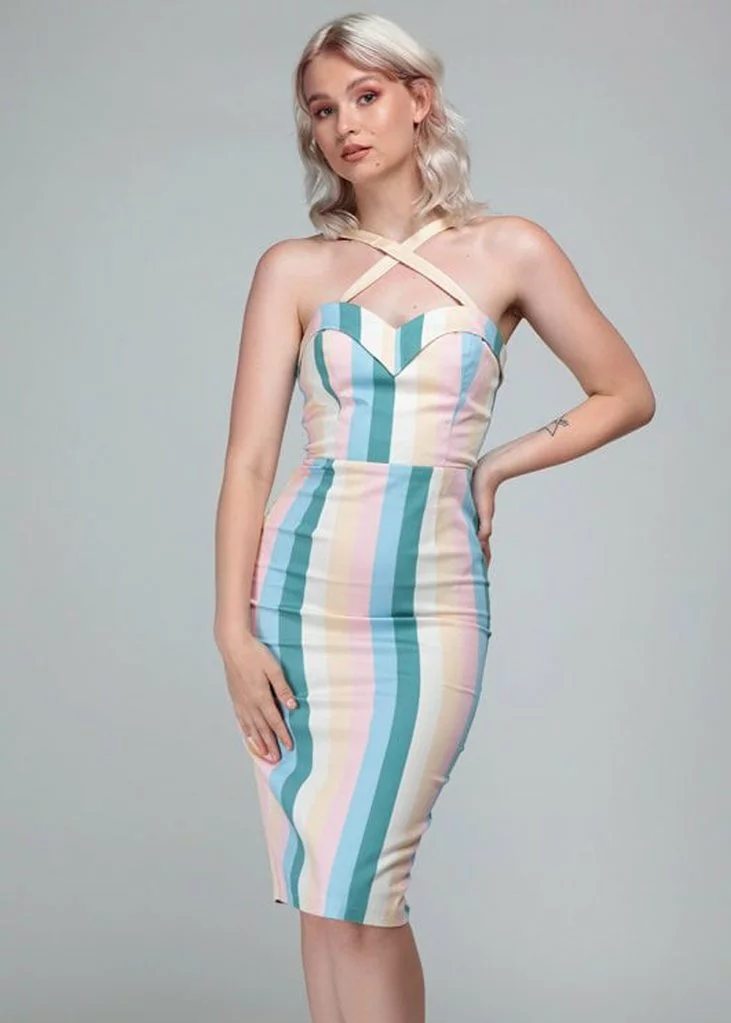 Collectif Kiana Teacup Stripe 50's Pencil Dress Multi New In 3 Collectif Kiana Teacup Stripe 50's Pencil Dress Multi New In