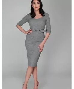 Collectif Katya Houndstooth 60's Pencil Dress Black White New In