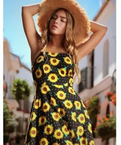 New In Collectif Maggie Sunflower 50's Swing Dress Black