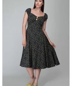 Collectif Dolores Hatch Check 50's Swing Dress Navy New In