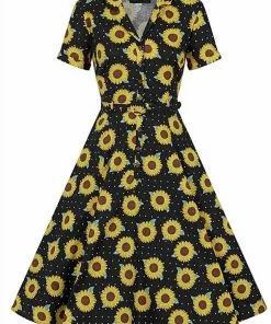 Collectif Caterina Sunflower 50's Swing Dress Black New In