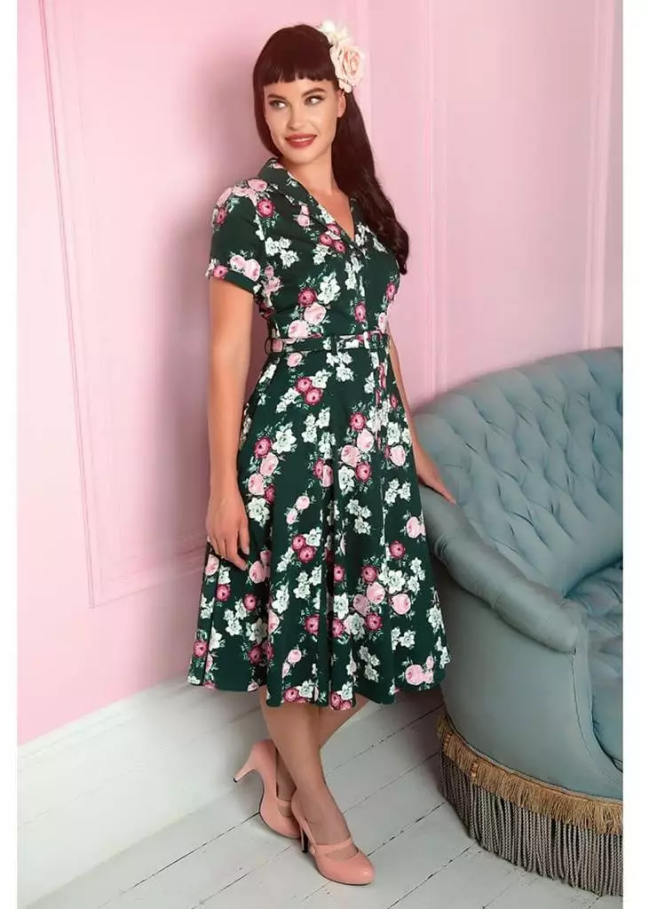 Collectif Caterina Vintage Bloom 40's Swing Dress Green 6 Collectif Caterina Vintage Bloom 40's Swing Dress Green