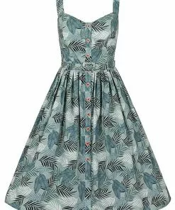 Collectif Jemima Cool Palm 50's Swing Dress Green