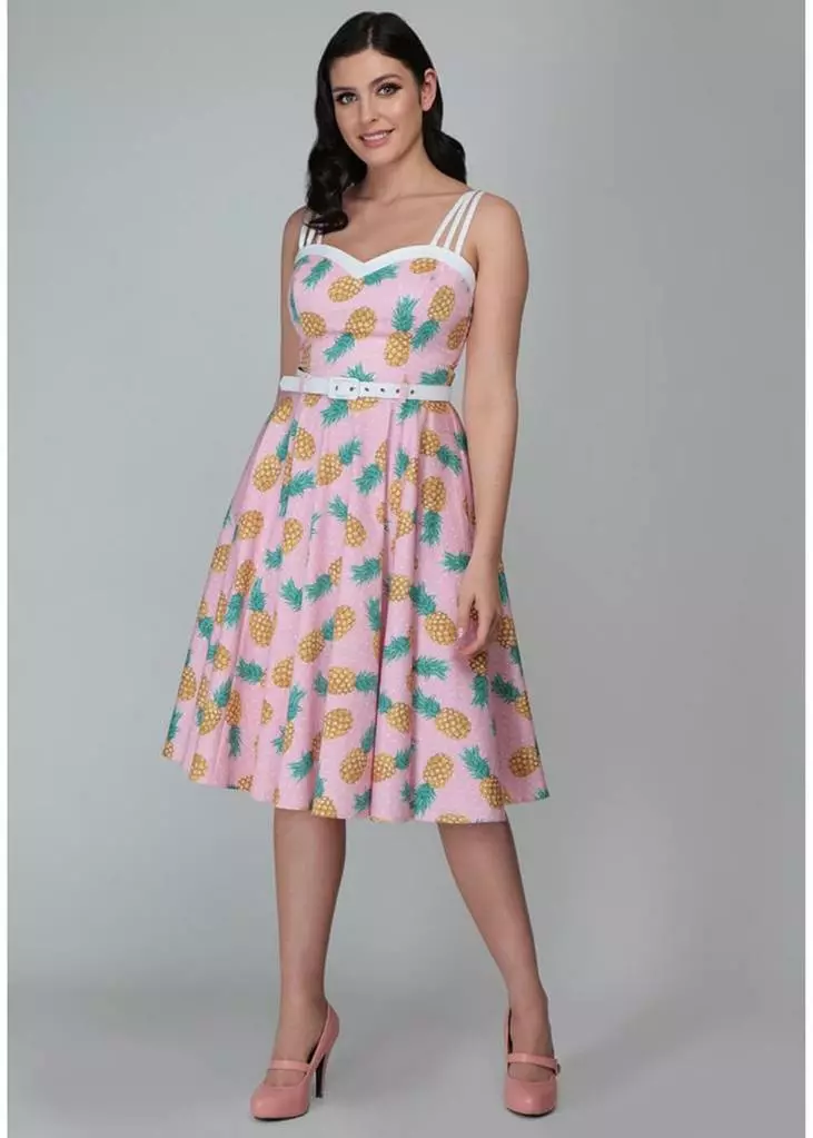 New In Collectif Nova Pineapple 50's Swing Dress Pink 9 New In Collectif Nova Pineapple 50's Swing Dress Pink