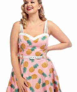 New In Collectif Nova Pineapple 50's Swing Dress Pink 12 New In Collectif Nova Pineapple 50's Swing Dress Pink