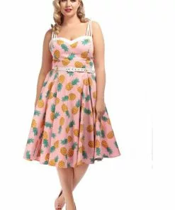 New In Collectif Nova Pineapple 50's Swing Dress Pink 11 New In Collectif Nova Pineapple 50's Swing Dress Pink