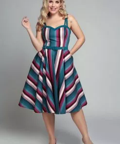 Collectif Nova Paradise Stripe 50's Swing Dress Multi New In