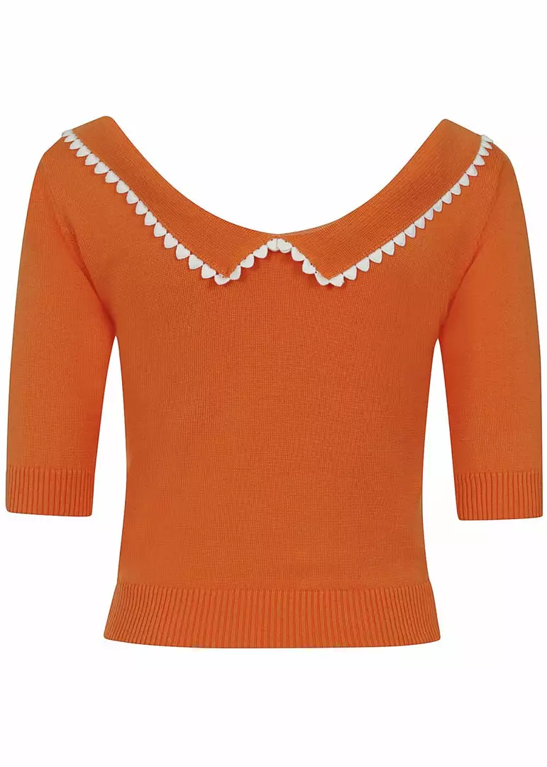 New In Collectif Babette Heart Trim 50's Jumper Orange Colour 6 New In Collectif Babette Heart Trim 50's Jumper Orange Colour