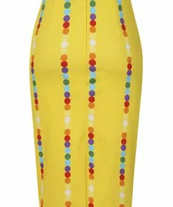 New In Collectif Polly Rainbow Polka Stripe 50's Pencil Skirt Yellow