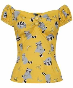 Collectif Dolores Ravenous Raccoons 50's Top Yellow New In