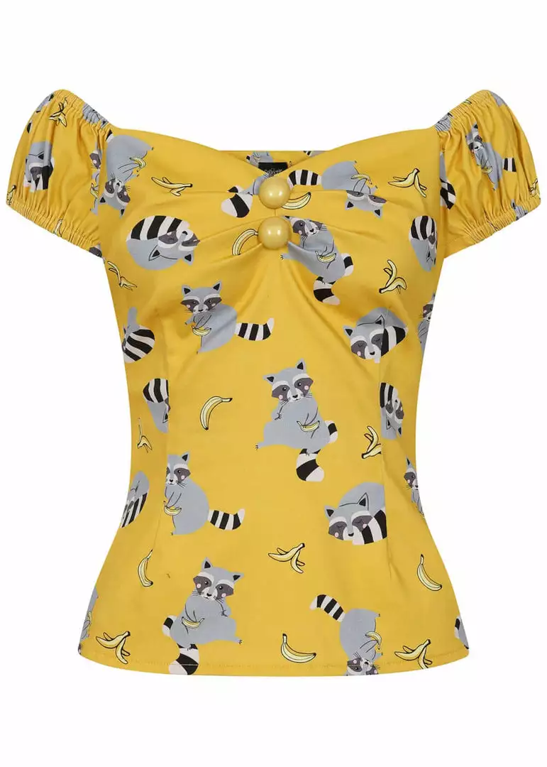 Collectif Dolores Ravenous Raccoons 50's Top Yellow New In 3 Collectif Dolores Ravenous Raccoons 50's Top Yellow New In