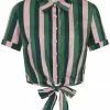 Collectif Sammy Palm Stripe 50's Tie Blouse Pink New In