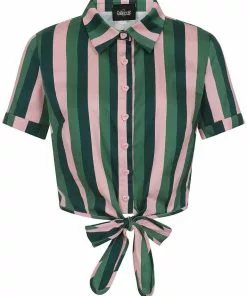 Collectif Sammy Palm Stripe 50's Tie Blouse Pink New In