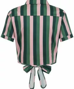 Collectif Sammy Palm Stripe 50's Tie Blouse Pink New In