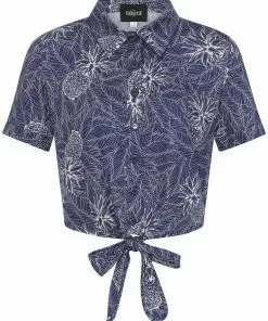 New In Collectif Sammy Pineapple Palm 50's Tie Blouse Navy