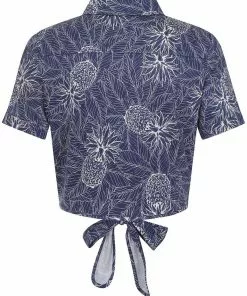New In Collectif Sammy Pineapple Palm 50's Tie Blouse Navy 8 New In Collectif Sammy Pineapple Palm 50's Tie Blouse Navy
