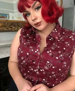 New In Collectif Clarabella Bandana 50's Tie Blouse Burgundy