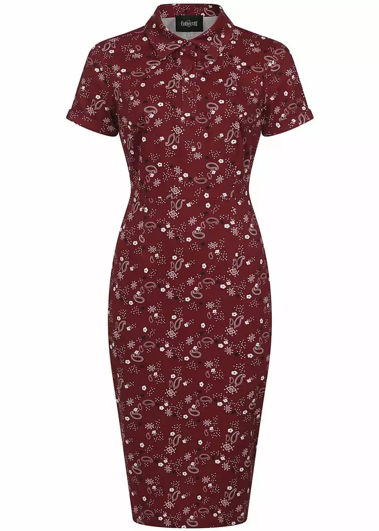 Collectif Mirtilla Bandana 40's Pencil Dress Burgundy New In 3 Collectif Mirtilla Bandana 40's Pencil Dress Burgundy New In