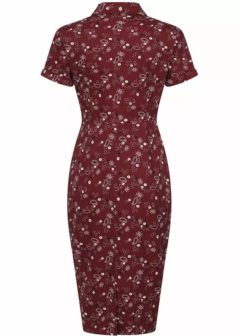 Collectif Mirtilla Bandana 40's Pencil Dress Burgundy New In 6 Collectif Mirtilla Bandana 40's Pencil Dress Burgundy New In
