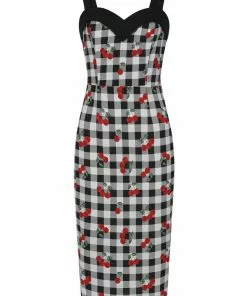 Collectif Kiana Gingham Cherries 50's Pencil Dress Black