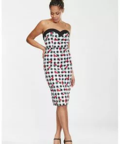 Collectif Kiana Gingham Cherries 50's Pencil Dress Black