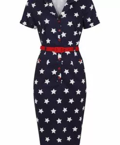 Collectif Caterina Stars 50's Pencil Dress Navy New In