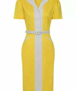 New In Collectif Berta Contrast 60's Pencil Dress Yellow