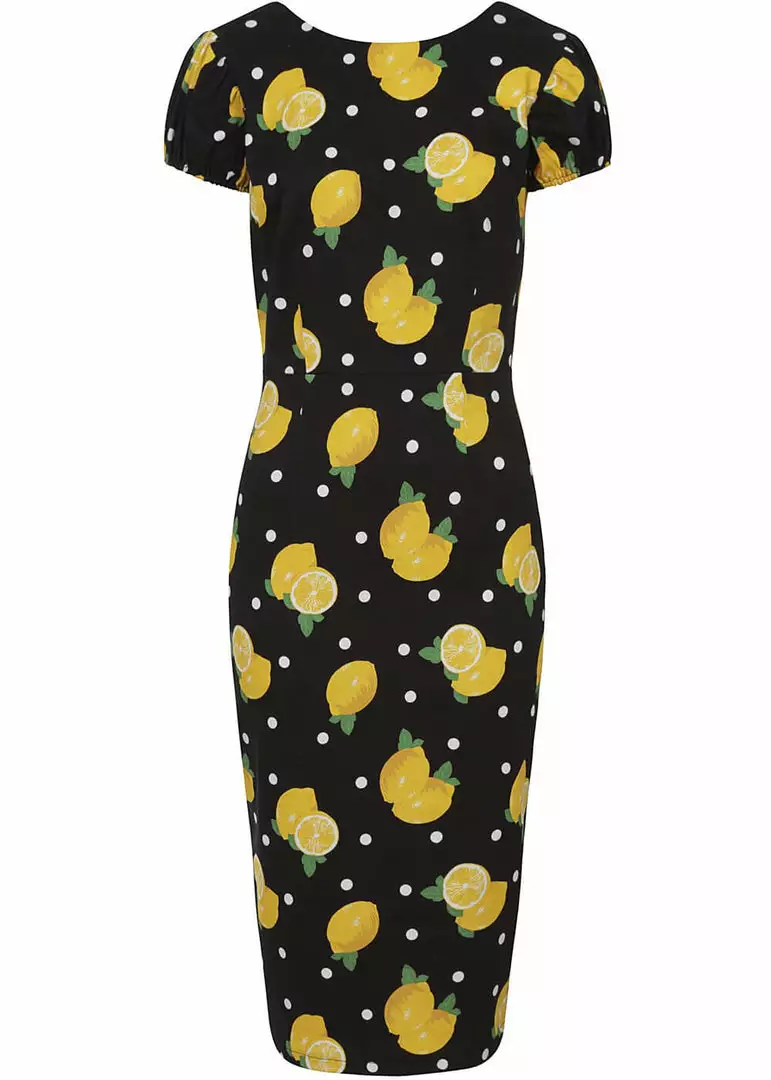 New In Collectif Demira Polka Lemon 50's Pencil Dress Black 3 New In Collectif Demira Polka Lemon 50's Pencil Dress Black
