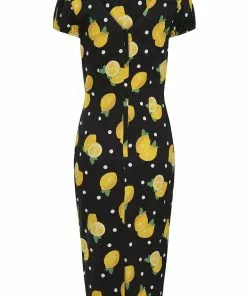 New In Collectif Demira Polka Lemon 50's Pencil Dress Black 10 New In Collectif Demira Polka Lemon 50's Pencil Dress Black