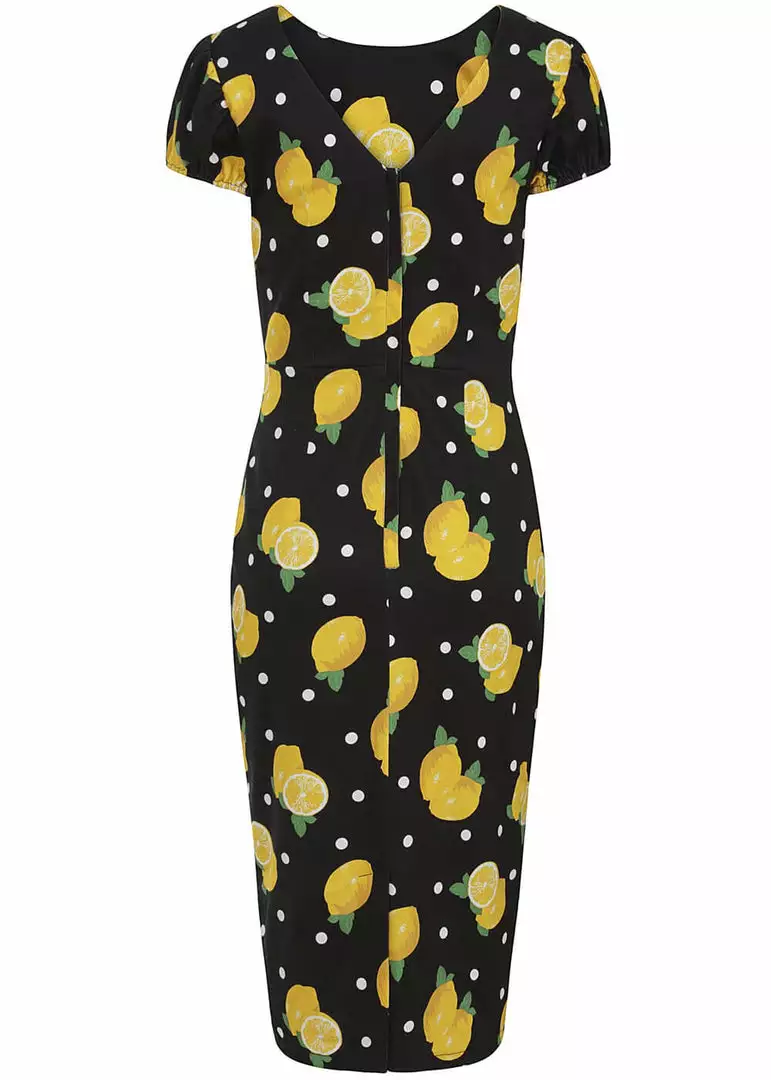 New In Collectif Demira Polka Lemon 50's Pencil Dress Black 5 New In Collectif Demira Polka Lemon 50's Pencil Dress Black