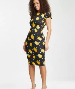 New In Collectif Demira Polka Lemon 50's Pencil Dress Black 11 New In Collectif Demira Polka Lemon 50's Pencil Dress Black