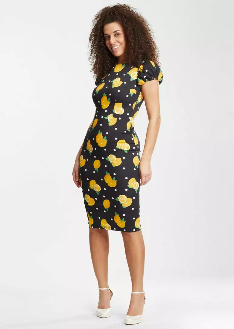 New In Collectif Demira Polka Lemon 50's Pencil Dress Black 6 New In Collectif Demira Polka Lemon 50's Pencil Dress Black
