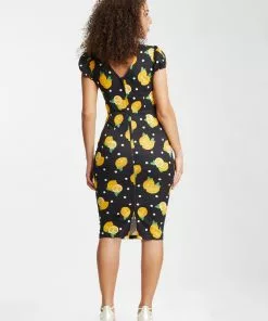 New In Collectif Demira Polka Lemon 50's Pencil Dress Black 12 New In Collectif Demira Polka Lemon 50's Pencil Dress Black