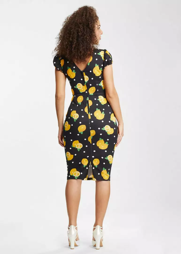 New In Collectif Demira Polka Lemon 50's Pencil Dress Black 7 New In Collectif Demira Polka Lemon 50's Pencil Dress Black