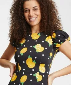 New In Collectif Demira Polka Lemon 50's Pencil Dress Black