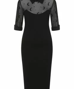 Collectif Wednesday Moon Flock Mesh 50's Pencil Dress Black New In