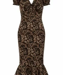 Collectif Sasha Leopard Fishtail 50's Pencil Dress Multi New In