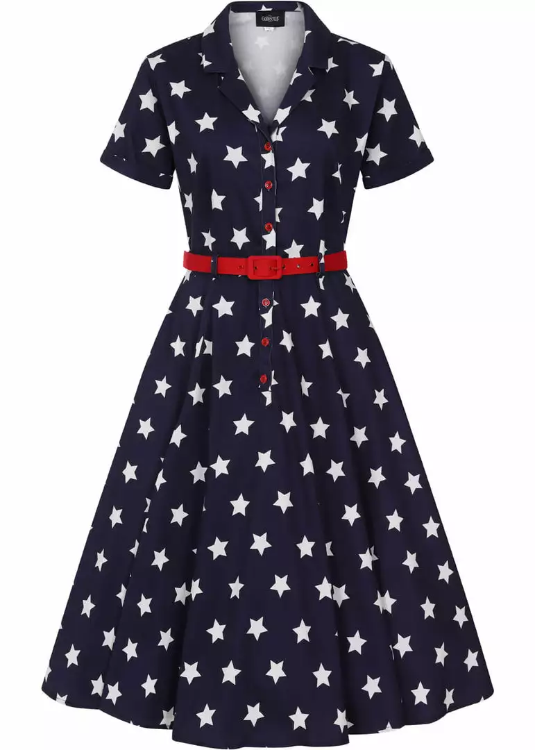 Collectif Caterina Stars 50's Swing Dress Navy New In 3 Collectif Caterina Stars 50's Swing Dress Navy New In