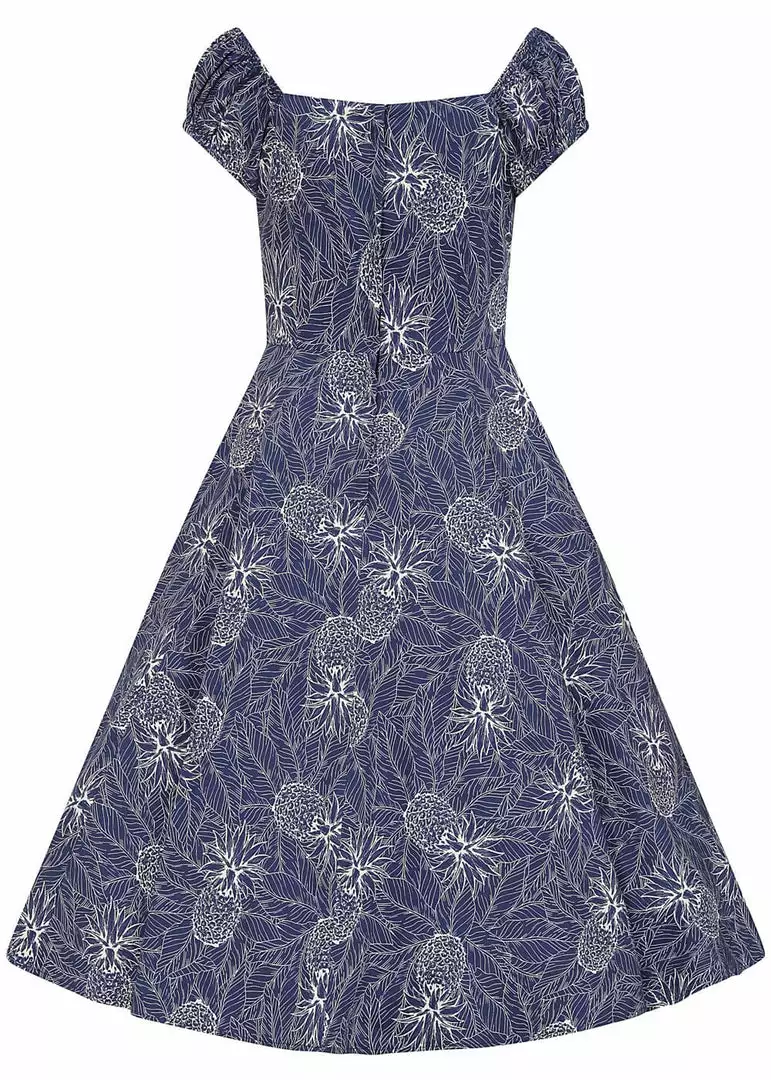 New In Collectif Dolores Pineapple Palm 50's Swing Dress Navy 6 New In Collectif Dolores Pineapple Palm 50's Swing Dress Navy
