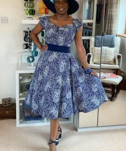 New In Collectif Dolores Pineapple Palm 50's Swing Dress Navy