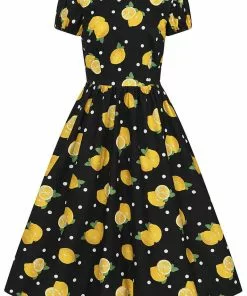 New In Collectif Demira Polka Lemon 50's Swing Dress Black