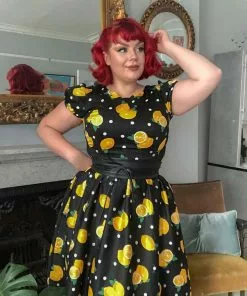 New In Collectif Demira Polka Lemon 50's Swing Dress Black 9 New In Collectif Demira Polka Lemon 50's Swing Dress Black