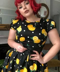 New In Collectif Demira Polka Lemon 50's Swing Dress Black