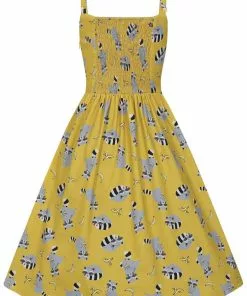 New In Collectif Kimberly Ravenous Raccoons 60's Swing Dress Yellow