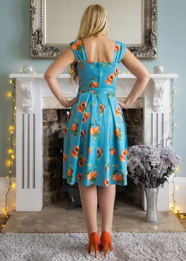Collectif Jill Vintage Peaches 50's Swing Dress Blue 6 Collectif Jill Vintage Peaches 50's Swing Dress Blue