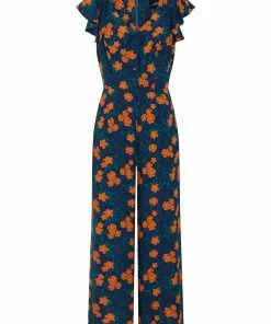 New In Collectif Thelma Flora 70's Jumpsuit In Navy