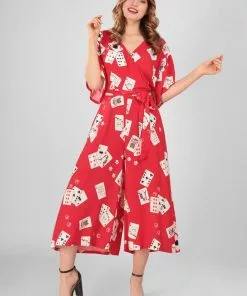 New In Collectif Akiko Cat Croupier 40's Jumpsuit Red