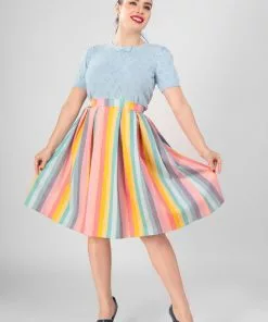 New In Collectif Marilu Dreamy Rainbow Stripe 50's Swing Skirt Multi